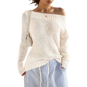 سترات نسائية بأكمام طويلة بدون أكتاف، سترة صوفية محبوكة كاجوال فضفاضة برقبة على شكل قارب in Kuwait