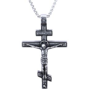 Eastern Orthodox Cross Necklace, Jesus Crucifix Pendant, Stainless Steel Christian Jewelry for Men Women in Kuwait