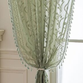 Sage Green Sheer Curtains 63 Inches Long 2 Panel,Rod Pocket Privacy Light Filtering Lace Window Panels,Elegant Farmhouse Cute Tassel Boho Floral Semi-Sheer Drapes for Bedroom Living Room in Kuwait