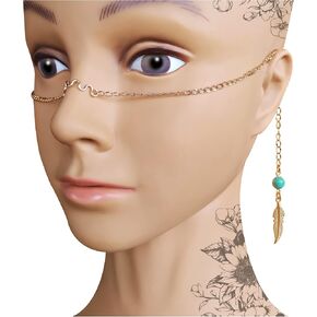Gold Face Chain with Feathers and Turquoise Beads - Gothic Face Chain - Face Accessories in Kuwait