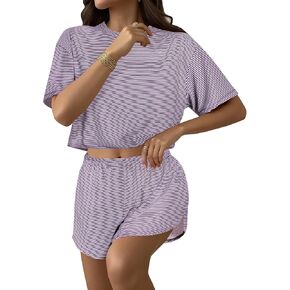 Remidoo Womens Split Short Pajama Set Striped Tee Shirts and Shorts Slit Pajamas Pj Sets in Kuwait