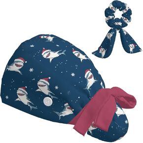 Scrub Caps Women Ponytail, Adjustable Surgical Caps with Buttons and Sweatband, Bouffant Hat with Hair Scrunchy, Nurse Hat, Working Cap, Shark Print Christmas Navy Blue Cartoon Animal Cute Funny in Saudi Arabia