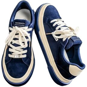 Men's Navy Blue & White -Like Canvas Sneakers - Low-Top Lace-Up Round Toe Casual Shoes with Rubber Sole, Season, Durable Vulcanized - Minimalist Dress Shoes for Office in Kuwait