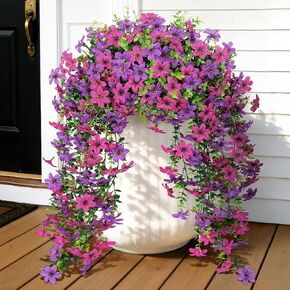 Roberly 4 قطع زهور صناعية معلقة للخارج، زهور حرير صناعية واقعية مقاومة للأشعة فوق البنفسجية ونباتات خضراء زائفة لربيع وصيف حديقة الشرفة الداخلية والخارجية ديكور المنزل، أرجواني in Kuwait