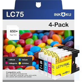 خرطوشة حبر LC75 متوافقة مع طابعات Brother LC75 LC71 LC79 XL، تعمل مع طابعات Brother MFC-J6510DW J6710DW J6910DW J280W J425W J430W J835DW (أسود، سماوي، أرجواني، أصفر، 4 عبوات) in Kuwait