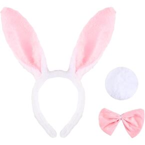 3-Piece Bunny Costume Set Plush White Pink Rabbit Ears Headband with Bow Tie Tail for Adults Easter Halloween Party Costume Accessories in Kuwait