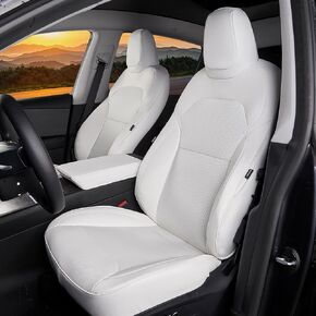 Premium White Nappa Leather Seat Covers for Tesla Model Y Juniper 2025 - Full Set with Airbag Safety & Non-Slip Design in Kuwait