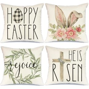 GEEORY Easter Pillow Covers - 18x18 Set of 4 Decorative Throw Pillows for Home - He is Risen Floral Bunny Buffalo Plaid Eggs Spring Farmhouse Decor in Kuwait