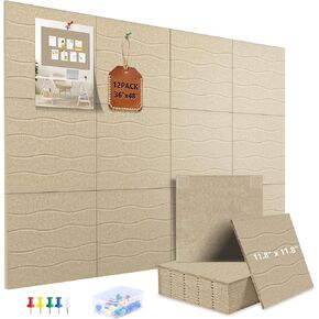 AKONEGE Large Felt Bulletin Board 48" x 36" Cork Board Alternative for Walls, 12 Pack Wavy Grain Felt Wall Tiles with 70 Adhesive Tabs & 20 Push Pins, Pin Boards for Office Home Decor, Black in Kuwait