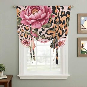 Pink Flowers Tie Up Curtains for Window, Leopard Spot Vintage Floral Country Plants Thermal Insulated Balloon Shade Adjustable Rod Pocket Curtains Valance Panels for Kitchen Bathroom Café 42'' x 45'' in Saudi Arabia