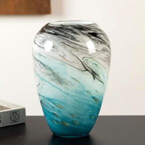 11" H Teal Glass Vases for Flowers, Unique Hand Blown Glass Vase Blue Home Decor, Wide Mouth Colorful Flower Vase Centerpieces, for Living Room Table Bookshelf, Bathroom Office Shelf Decorative in Saudi Arabia
