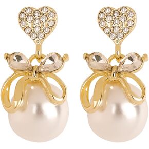 Heart CZ Pearl Drop Earrings for Women, Gold Plated Bowknot Dangle Earrings, Elegant Shiny Faux Pearl Stud Earrings, Hypoallergenic Wedding Party Jewelry Gift for Women in Kuwait