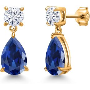 Gem Stone King 18K Yellow Gold Plated Silver Customized and Personalized 12X8MM Pear Shape and 6MM Round Gemstone Birthstone Teardrop Dangle Drop Earrings For Women in Kuwait