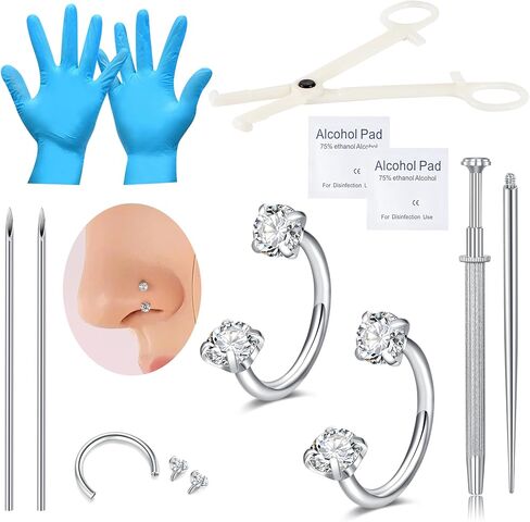طقم ثقب حاجز الأنف من DJCIW، إبر ثقب من الفولاذ المقاوم للصدأ 18 جرام مع أداة مشابك ثقب وحلقات حلقية فضية للأنف 20 جرام مجوهرات الحاجز، طقم ثقب احترافي لحاجز الأنف والشفاه والأذن in Kuwait