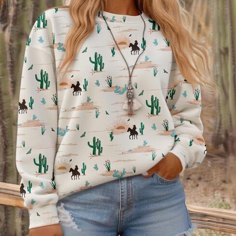 Sweatshirts Graphic for Womens Cactus Desert Print Crew Neck Long Sleeve Tops Fall Winter Hoodies Boho Casual Clothes in Saudi Arabia