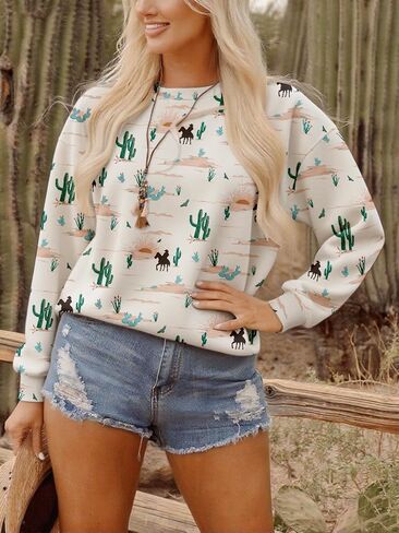 Sweatshirts Graphic for Womens Cactus Desert Print Crew Neck Long Sleeve Tops Fall Winter Hoodies Boho Casual Clothes in Saudi Arabia