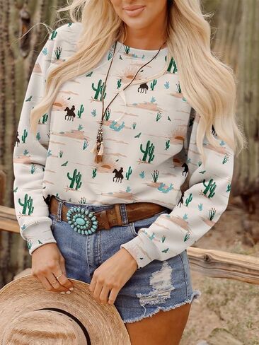 Sweatshirts Graphic for Womens Cactus Desert Print Crew Neck Long Sleeve Tops Fall Winter Hoodies Boho Casual Clothes in Saudi Arabia