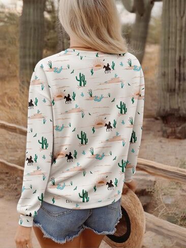 Sweatshirts Graphic for Womens Cactus Desert Print Crew Neck Long Sleeve Tops Fall Winter Hoodies Boho Casual Clothes in Saudi Arabia