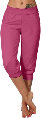 Womens Yoga Capri Pants Elastic Waist Lightweight Workout Cropped Trousers Cinch Bottom 3/4 Length Pants with Pocket in Kuwait