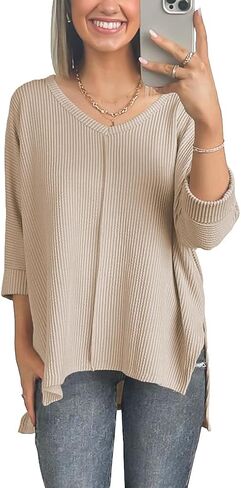 Poetsky Womens Fashion Oversized Tunic Tops Ribbed Batwing 3/4 Sleeve Casual Corded Textured Split Hi-Lo Hem Shirts Blouses in Kuwait