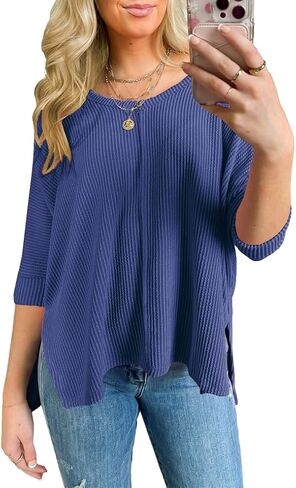 Poetsky Womens Fashion Oversized Tunic Tops Ribbed Batwing 3/4 Sleeve Casual Corded Textured Split Hi-Lo Hem Shirts Blouses in Saudi Arabia