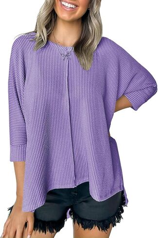 Poetsky Womens Fashion Oversized Tunic Tops Ribbed Batwing 3/4 Sleeve Casual Corded Textured Split Hi-Lo Hem Shirts Blouses in Saudi Arabia