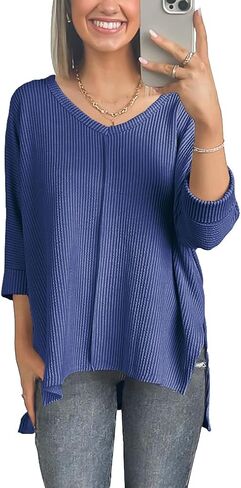 Poetsky Womens Fashion Oversized Tunic Tops Ribbed Batwing 3/4 Sleeve Casual Corded Textured Split Hi-Lo Hem Shirts Blouses in Saudi Arabia