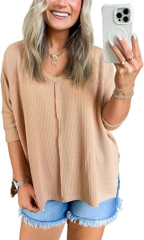 Poetsky Womens Fashion Oversized Tunic Tops Ribbed Batwing 3/4 Sleeve Casual Corded Textured Split Hi-Lo Hem Shirts Blouses in Saudi Arabia