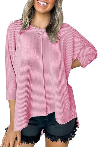 Poetsky Womens Fashion Oversized Tunic Tops Ribbed Batwing 3/4 Sleeve Casual Corded Textured Split Hi-Lo Hem Shirts Blouses in Saudi Arabia