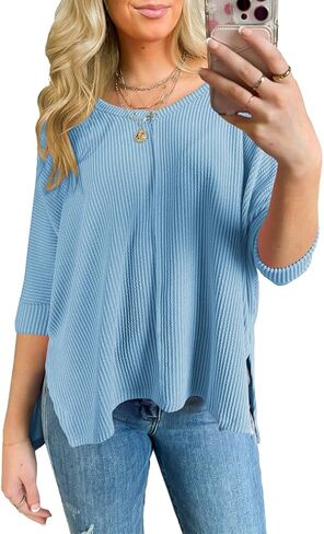 Poetsky Womens Fashion Oversized Tunic Tops Ribbed Batwing 3/4 Sleeve Casual Corded Textured Split Hi-Lo Hem Shirts Blouses in Saudi Arabia