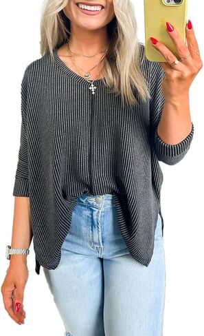 Poetsky Womens Fashion Oversized Tunic Tops Ribbed Batwing 3/4 Sleeve Casual Corded Textured Split Hi-Lo Hem Shirts Blouses in Saudi Arabia