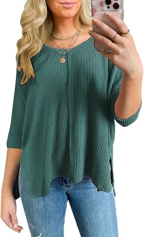 Poetsky Womens Fashion Oversized Tunic Tops Ribbed Batwing 3/4 Sleeve Casual Corded Textured Split Hi-Lo Hem Shirts Blouses in Saudi Arabia