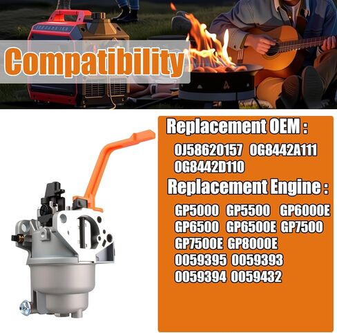 GP5500 Carburetor for 0J58620157 Generac GP5500, GP7500E, GP6500, GP6500E, GP5000, RS5500, Huayi, Ruixing - Fits 13HP-16HP, 188F, 190F, 5KW-6.5KW Generator in Kuwait