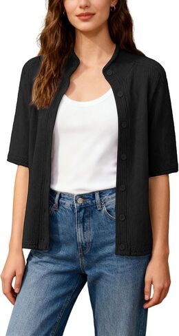 كنزة صوفية قصيرة الأكمام من Bankeng للنساء بياقة واقفة وأزرار سفلية سترة علوية خفيفة الوزن ومتماسكة in Kuwait