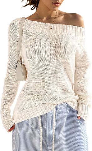 سترات نسائية بأكمام طويلة بدون أكتاف، سترة صوفية محبوكة كاجوال فضفاضة برقبة على شكل قارب in Kuwait