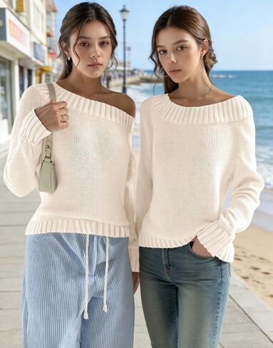 Women’s Long Sleeve Off The Shoulder Sweaters, Boat Neck Casual Knit Loose Fit Pullover Sweater in Saudi Arabia