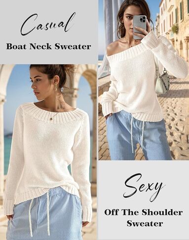 Women’s Long Sleeve Off The Shoulder Sweaters, Boat Neck Casual Knit Loose Fit Pullover Sweater in Saudi Arabia