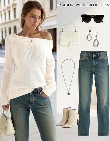 Women’s Long Sleeve Off The Shoulder Sweaters, Boat Neck Casual Knit Loose Fit Pullover Sweater in Saudi Arabia
