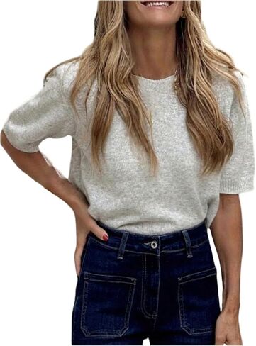 GORGLITTER Women's Puff Short Sleeve Copped Sweater Cute Crewneck Knitted Fall Jumpers Pullover Street Tops in Saudi Arabia