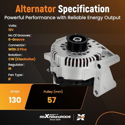 maXpeedingrods Alternator For Ford Freestyle Five Hundred For Mercury Montego, V6 3.0L 2005 2006 2007, 12V 130A 6-Groove Pulley Class IR Regulator High Output Alternator 6F9T10300AA in Saudi Arabia