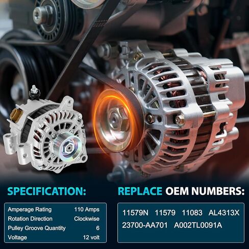 23700-AA701 المولد متوافق مع 2011 2012 2013 سوبارو فورستر H4 2.5L، 12V 110A 6-Groove بكرة في اتجاه عقارب الساعة استبدال لـ 11579N، 11579، 11083، AL4313X، A002TL0091A in Kuwait
