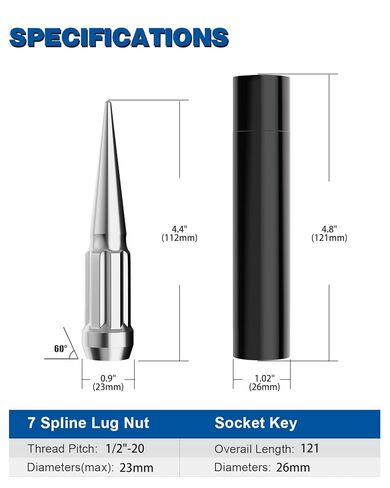 GAsupply 20pcs 1/2-20 Spike Lug Nuts Chrome, 1/2 x 20 Locking Spiked Lug Nut Spline 4.4" 112mm Tall, Closed End Bulge Acorn 60 Degree Cone/Conical Seat in Kuwait