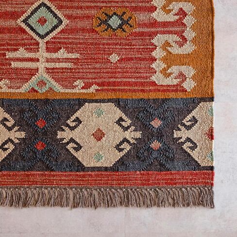 سجادة الكليم التقليدية من الجوت بوهو سجادة منطقة النسيج المسطح لغرفة المعيشة، مدخل غرفة المعيشة، سلسلة قبلية، 4'x6' in Kuwait