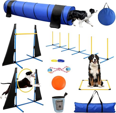 معدات خفة الحركة للكلاب للبخار الخلفي والدربة الداخلية ، دورة الفناء الخلفي المهني مع القفزات القابلة للتعديل ، نفق قابلة للطي ، أكياس التخزين والألعاب in Kuwait