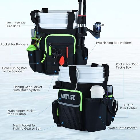 AUMTISC Fishing Bucket Organizer for 5 Gallon Bucket, Ice Fishing Tackle Bags for Men with Adjustable Buckle, Rod and Tackle Boxes Holder, Multi-Pockets for Fishing Gear & Equipment in Kuwait