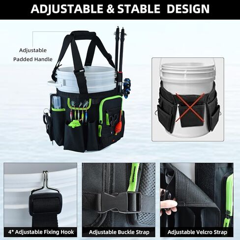AUMTISC Fishing Bucket Organizer for 5 Gallon Bucket, Ice Fishing Tackle Bags for Men with Adjustable Buckle, Rod and Tackle Boxes Holder, Multi-Pockets for Fishing Gear & Equipment in Kuwait
