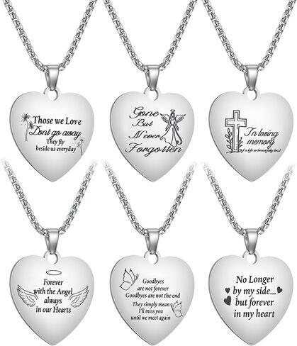 Kigeli 6 Pcs Memorial Day Heart Necklace Cremation Jewelry Memorial Gifts Silver Heart Stainless Steel Necklace with Different Words and Patterns Waterproof Memorials Pendant Keepsake for Men Women in Saudi Arabia