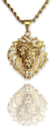 Lion Head Pendant Necklace – 14k Gold & Black Finish, 925 Silver King of the Jungle Pendant with 2.5mm Rope Chain, Men & Women Hip Hop Jewelry in Saudi Arabia