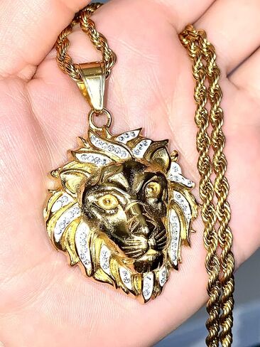Lion Head Pendant Necklace – 14k Gold & Black Finish, 925 Silver King of the Jungle Pendant with 2.5mm Rope Chain, Men & Women Hip Hop Jewelry in Saudi Arabia