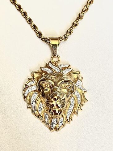 Lion Head Pendant Necklace – 14k Gold & Black Finish, 925 Silver King of the Jungle Pendant with 2.5mm Rope Chain, Men & Women Hip Hop Jewelry in Saudi Arabia